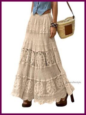 Lace Crochet Knit Maxi Skirt A-Line Flowy Eyelet Boho Summer Long Skirt